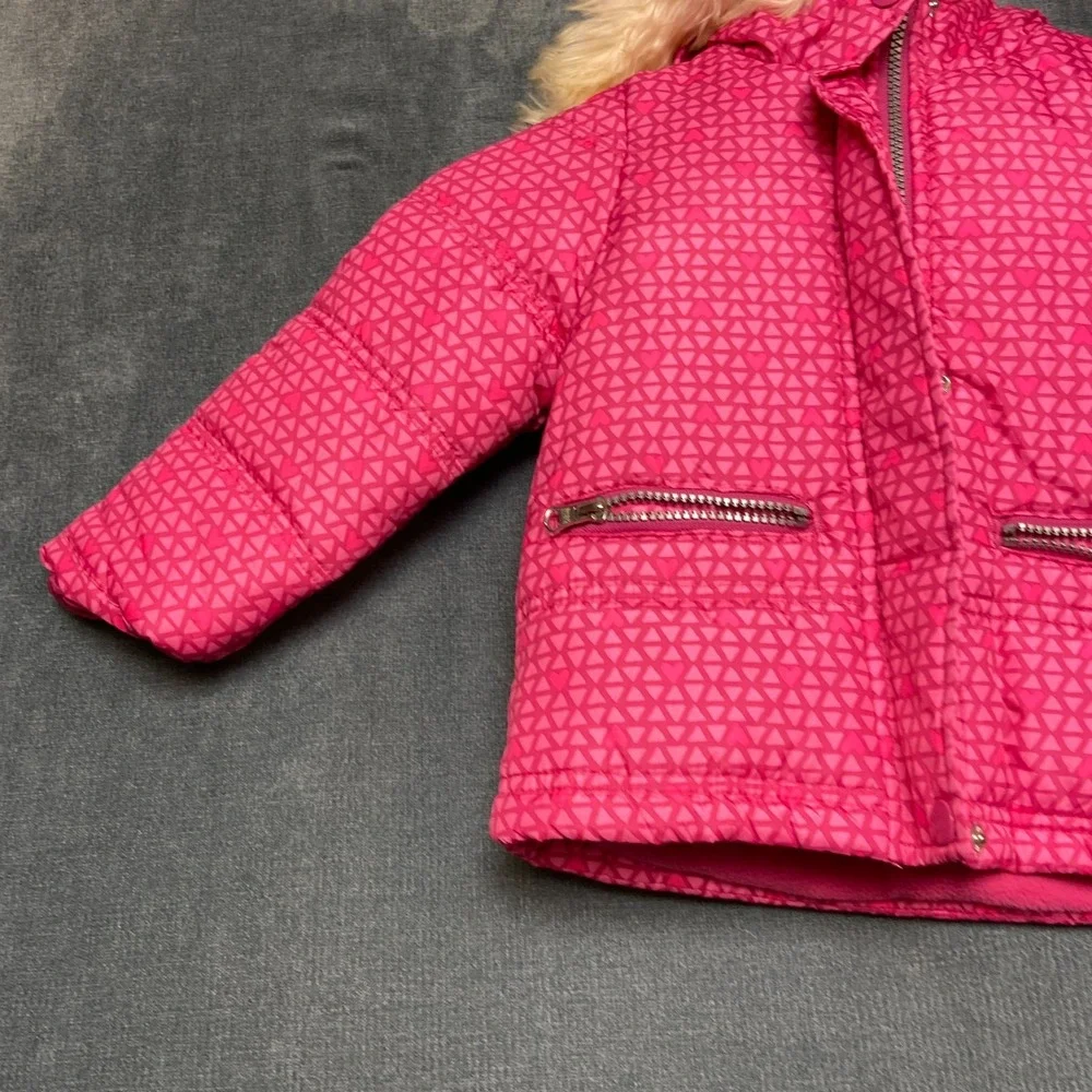 OshKosh B'gosh Hooded Puffer Jacket Girls 4T Pink Geometric Heart Print Full Zip